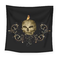 Golden Skull With Crow And Floral Elements Square Tapestry (large) by FantasyWorld7