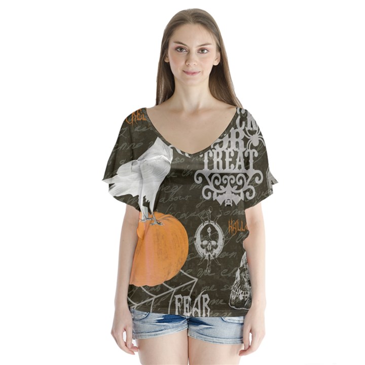 Vintage Halloween V-Neck Flutter Sleeve Top