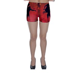 Dancing Couple On Red Background With Flowers And Hearts Skinny Shorts by FantasyWorld7