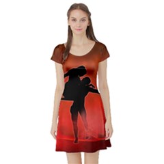 Dancing Couple On Red Background With Flowers And Hearts Short Sleeve Skater Dress by FantasyWorld7