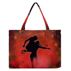 Dancing Couple On Red Background With Flowers And Hearts Zipper Medium Tote Bag by FantasyWorld7