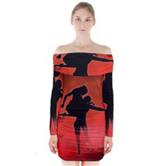 Dancing Couple On Red Background With Flowers And Hearts Long Sleeve Off Shoulder Dress by FantasyWorld7