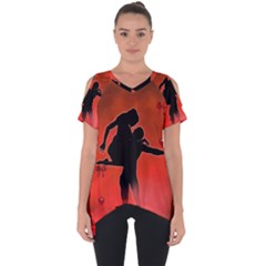 Dancing Couple On Red Background With Flowers And Hearts Cut Out Side Drop Tee by FantasyWorld7