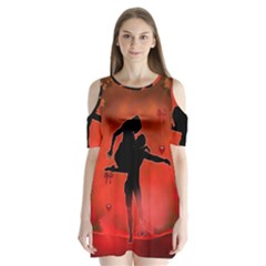 Dancing Couple On Red Background With Flowers And Hearts Shoulder Cutout Velvet One Piece by FantasyWorld7