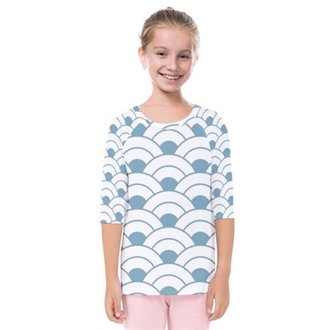 Art Deco,shell Pattern,teal,white Kids  Quarter Sleeve Raglan Tee by NouveauDesign