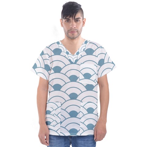 Art Deco,shell Pattern,teal,white Men s V-neck Scrub Top by NouveauDesign