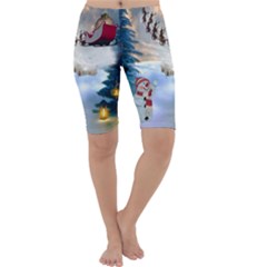 Christmas, Snowman With Santa Claus And Reindeer Cropped Leggings  by FantasyWorld7