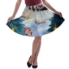 Christmas, Snowman With Santa Claus And Reindeer A-line Skater Skirt by FantasyWorld7