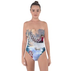 Christmas, Snowman With Santa Claus And Reindeer Tie Back One Piece Swimsuit by FantasyWorld7