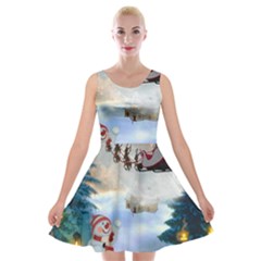 Christmas, Snowman With Santa Claus And Reindeer Velvet Skater Dress by FantasyWorld7