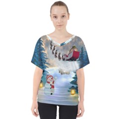 Christmas, Snowman With Santa Claus And Reindeer V-neck Dolman Drape Top by FantasyWorld7