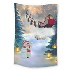 Christmas, Snowman With Santa Claus And Reindeer Large Tapestry by FantasyWorld7