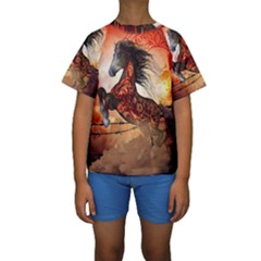 Awesome Creepy Running Horse With Skulls Kids  Short Sleeve Swimwear by FantasyWorld7