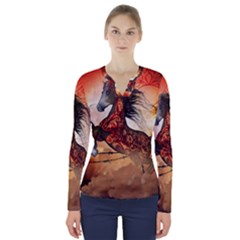 Awesome Creepy Running Horse With Skulls V-neck Long Sleeve Top by FantasyWorld7