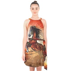 Awesome Creepy Running Horse With Skulls Halter Collar Waist Tie Chiffon Dress by FantasyWorld7