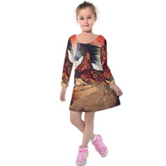 Awesome Creepy Running Horse With Skulls Kids  Long Sleeve Velvet Dress by FantasyWorld7