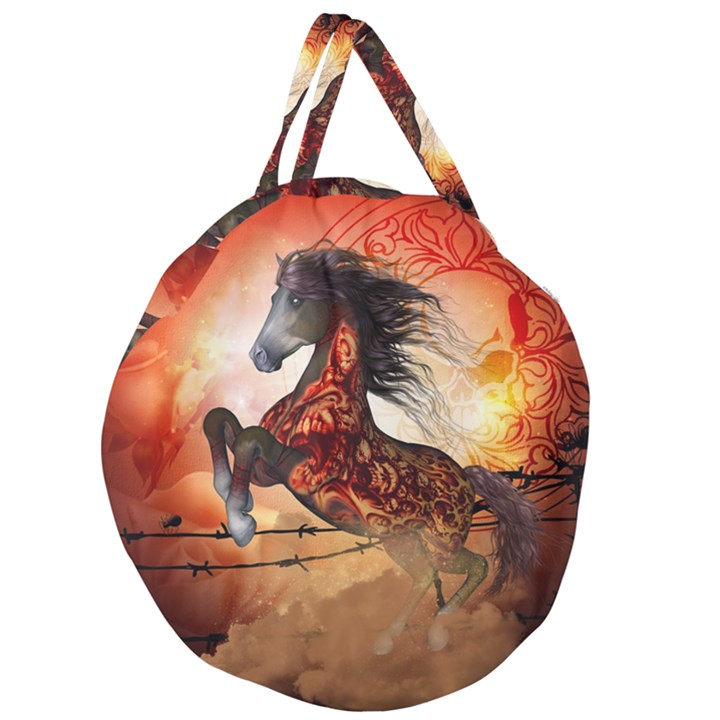 Awesome Creepy Running Horse With Skulls Giant Round Zipper Tote