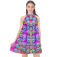 Festive Metal And Gold In Pop Art Halter Neckline Chiffon Dress  by pepitasart