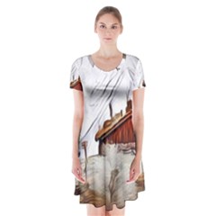 french coffee style abstract art Short Sleeve V-neck Flare Dress