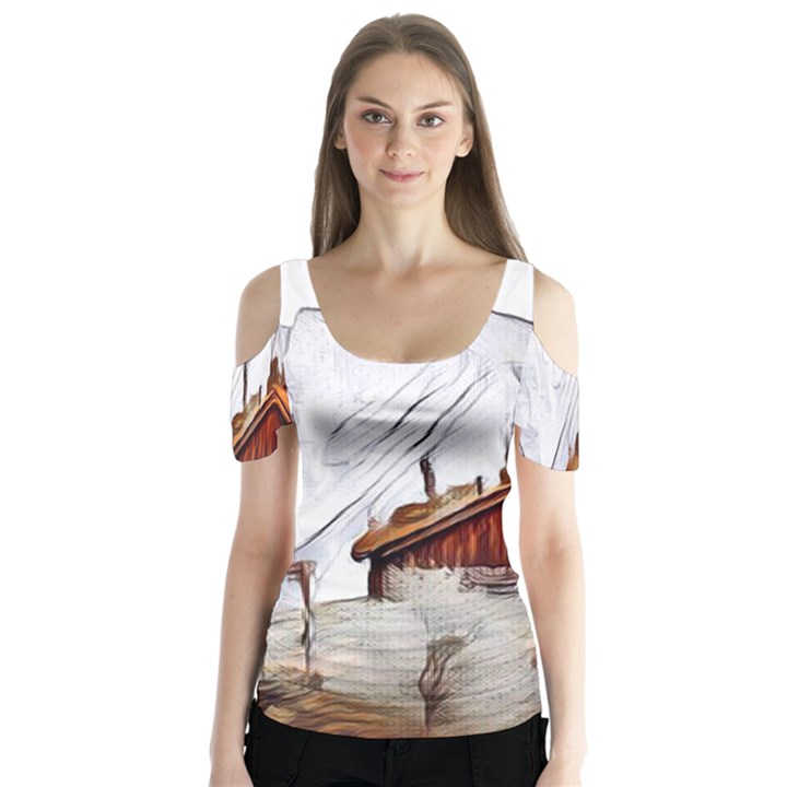 french coffee style abstract art Butterfly Sleeve Cutout Tee 