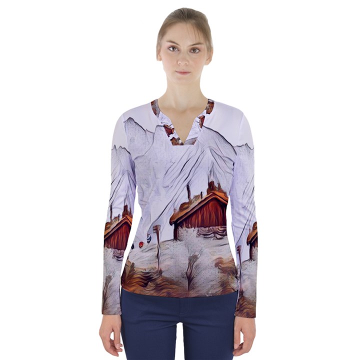 french coffee style abstract art V-Neck Long Sleeve Top