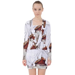 french coffee style abstract art V-neck Bodycon Long Sleeve Dress