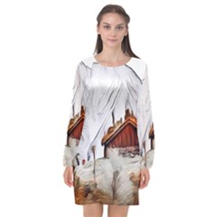 french coffee style abstract art Long Sleeve Chiffon Shift Dress 