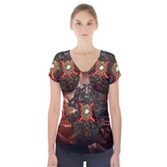 Wonderful Floral Design With Diamond Short Sleeve Front Detail Top by FantasyWorld7