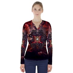 Wonderful Floral Design With Diamond V-neck Long Sleeve Top by FantasyWorld7