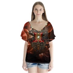 Wonderful Floral Design With Diamond V-neck Flutter Sleeve Top by FantasyWorld7