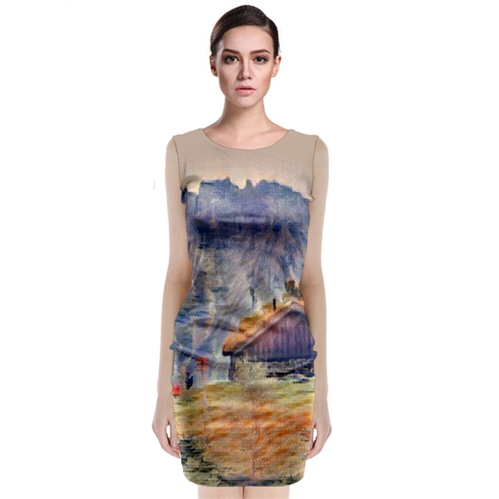 impressionism Sleeveless Velvet Midi Dress