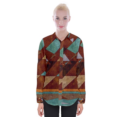 Turquoise And Bronze Triangle Design With Copper Womens Long Sleeve Shirt by digitaldivadesigns