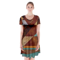 Turquoise And Bronze Triangle Design With Copper Short Sleeve V-neck Flare Dress by digitaldivadesigns