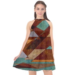 Turquoise And Bronze Triangle Design With Copper Halter Neckline Chiffon Dress 