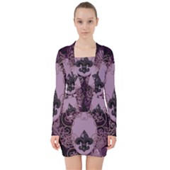 Soft Violett Floral Design V-neck Bodycon Long Sleeve Dress by FantasyWorld7