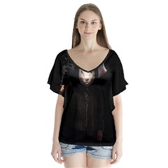 Evil Rabbit V-neck Flutter Sleeve Top by Valentinaart