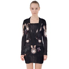 Evil Rabbit V-neck Bodycon Long Sleeve Dress by Valentinaart