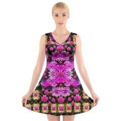 Flowers And Gold In Fauna Decorative Style V-neck Sleeveless Skater Dress by pepitasart