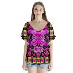 Flowers And Gold In Fauna Decorative Style V-neck Flutter Sleeve Top by pepitasart