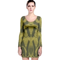 Green Floral Art Nouveau Long Sleeve Velvet Bodycon Dress by NouveauDesign