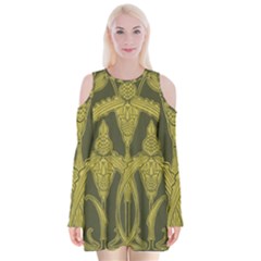 Green Floral Art Nouveau Velvet Long Sleeve Shoulder Cutout Dress by NouveauDesign