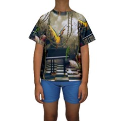 Funny Parrots In A Fantasy World Kids  Short Sleeve Swimwear by FantasyWorld7