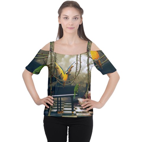 Funny Parrots In A Fantasy World Cutout Shoulder Tee by FantasyWorld7