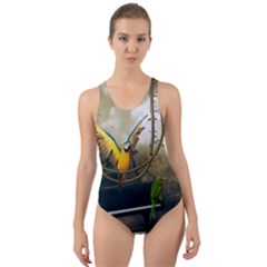 Funny Parrots In A Fantasy World Cut-out Back One Piece Swimsuit by FantasyWorld7