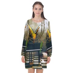 Funny Parrots In A Fantasy World Long Sleeve Chiffon Shift Dress  by FantasyWorld7