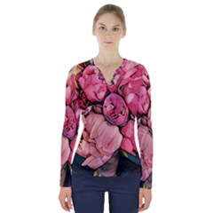 Beautiful Peonies V-neck Long Sleeve Top by NouveauDesign