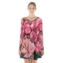 Beautiful Peonies Long Sleeve Velvet V-neck Dress by NouveauDesign