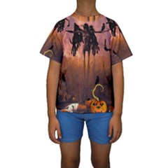 Halloween Design With Scarecrow, Crow And Pumpkin Kids  Short Sleeve Swimwear