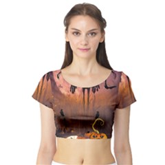 Halloween Design With Scarecrow, Crow And Pumpkin Short Sleeve Crop Top