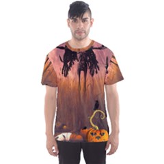 Halloween Design With Scarecrow, Crow And Pumpkin Men s Sports Mesh Tee